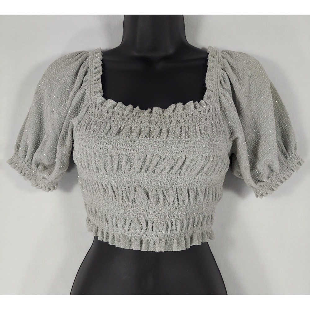 Urban Outfitters Smocked Glitter Milkmaid Crop Top Puff Sleeve Gray Silver S